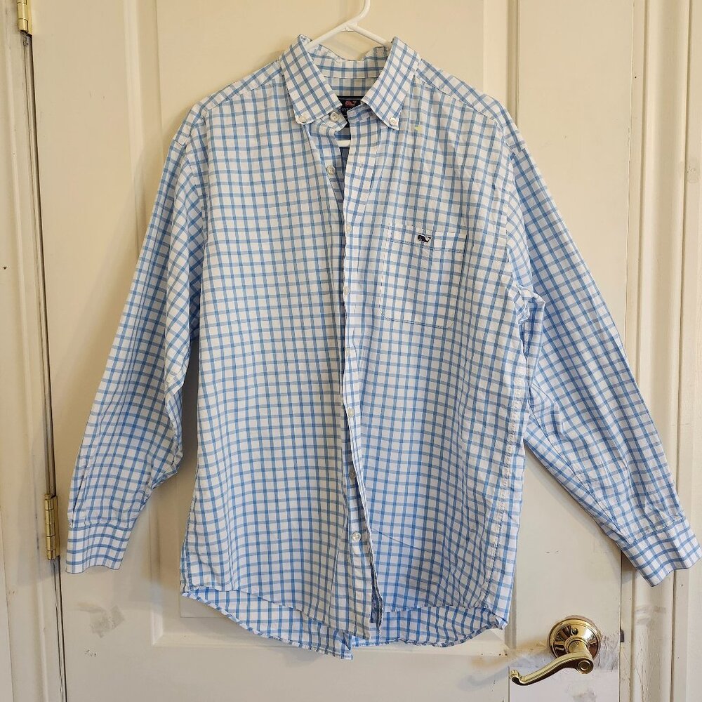 Vineyard Vines Men Sz L Blue Plaid Long Sleeve Button Down Classic Preppy “Old M